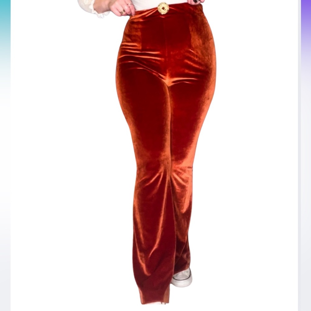 Burnt Orange Velvet High-Waist Flare Pants